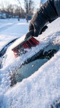 Gloved hand brushing fresh snow from a car windshield with a brush on a cold winter morning outdoors in snowy weather. Winter home activities and seasonal household maintenance concept, vertical photo