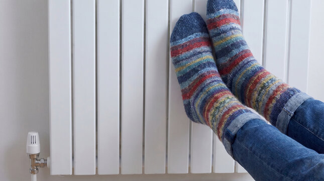 Colorful striped wool socks and blue jeans resting against a white vertical radiator in a cozy indoor home setting. Concept of rising energy prices and home heating costs during the cold season