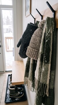 Winter coats, knitted hats, scarves, and boots covered with snow, arranged on wall hooks beside a snowy doorway. Winter home activities and seasonal household maintenance concept
