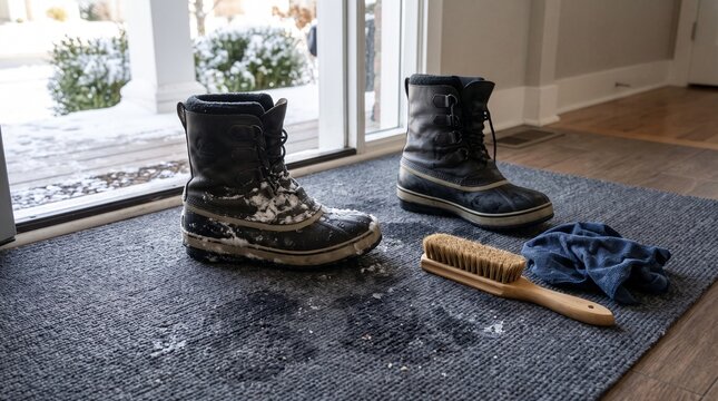 Winter boots covered with snow beside a wooden shoe brush and blue gloves on a dark entryway mat indoors by a glass door. Winter home activities and seasonal household maintenance concept