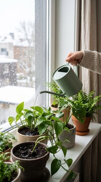 Person watering a collection of leafy houseplants beside a snowy window with a green metal watering can in a home interior. Winter home activities and seasonal household maintenance concept