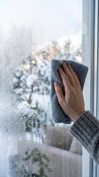 Hand wiping condensation from a fogged window with gray cloth, revealing blurred evergreen branches and snowy outdoor scenery. Winter home activities and seasonal household maintenance concept