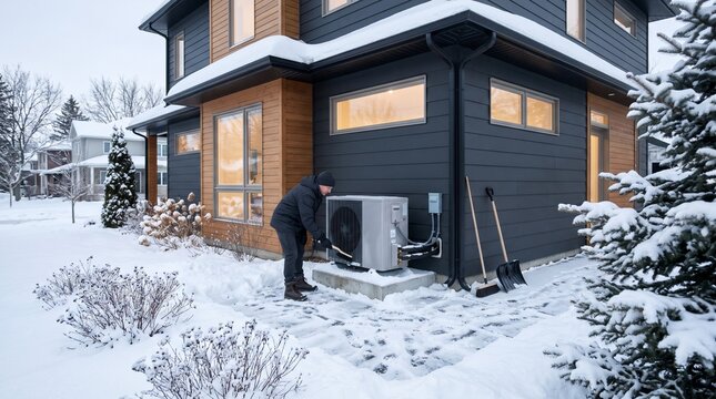 Person in dark winter clothing inspecting an outdoor heat pump beside a modern house surrounded by fresh snow and evergreen trees. Winter home activities and seasonal household maintenance concept