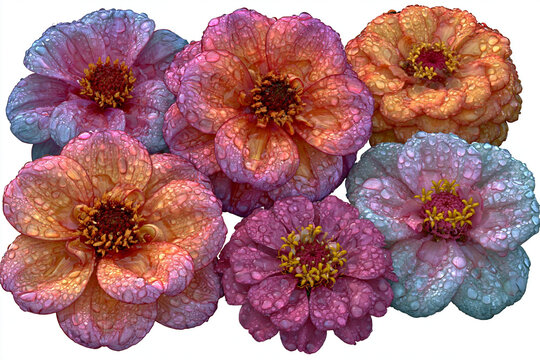 Group of colorful zinnia flowers covered in sparkling morning dew drops