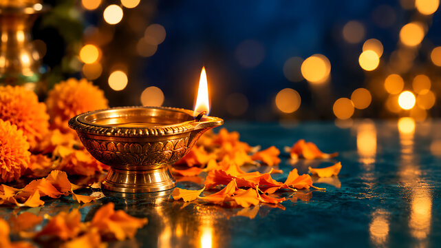 Exquisite brass lamp reflecting on blue surface with scattered marigold petals during happy diwali and deepavali festival of lights honoring kali puja