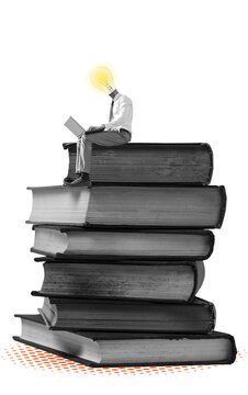 A person with a glowing light bulb instead of a head sits on a tall stack of books and works on a laptop against a transparent background.