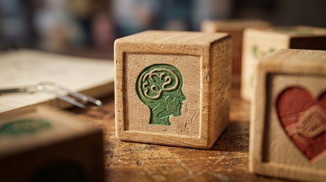 Close up of wooden blocks with brain and heart icons on a rustic desk, representing mental health, emotional intelligence, psychology, cognitive development, and human empathy concepts.