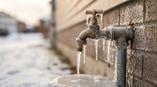 Frozen water tap outdoors, Frozen outdoor water faucet with icicles on brick wall in winter