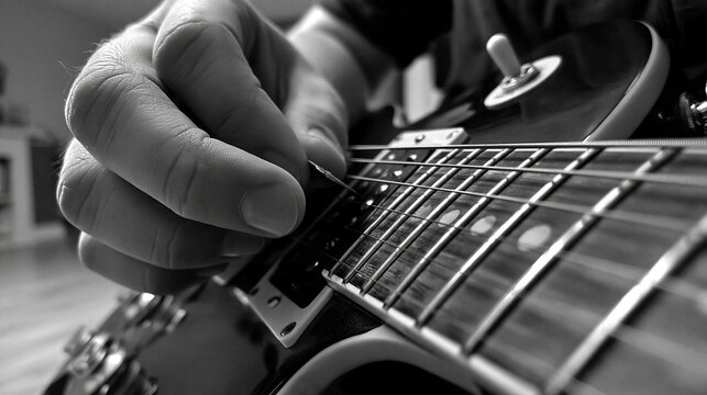 Guitarist's Close-Up: A hand with a guitar pick strums an electric guitar, capturing the intricate detail of the strings and fretboard in a dramatic black and white shot.