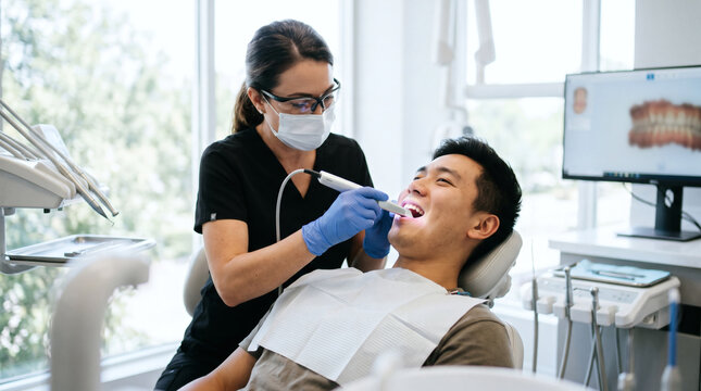 Female dentist scanning a smiling man's teeth with an intraoral scanner while a 3D dental model shows on a monitor