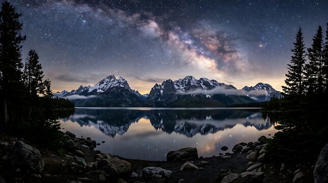 Milky way galaxy stars over mountain lake with pine trees at night