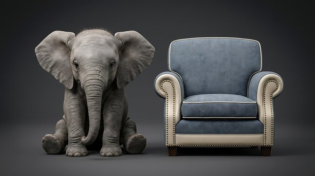 Cute baby elephant sitting next to a comfortable armchair in a dark studio