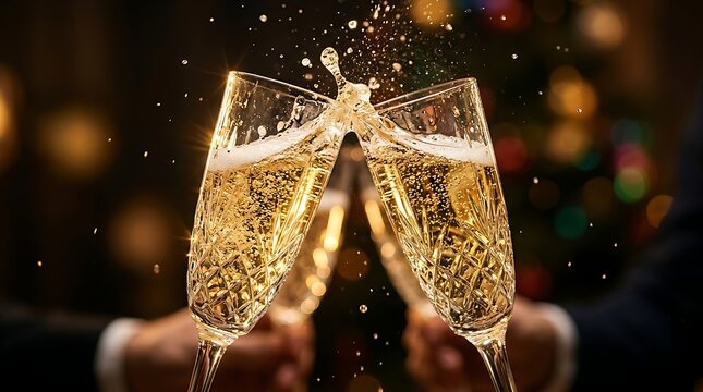 Two crystal champagne glasses clinking together with golden bubbles on black