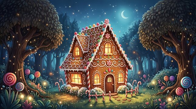 Magical gingerbread house in a candy forest at night under the moon