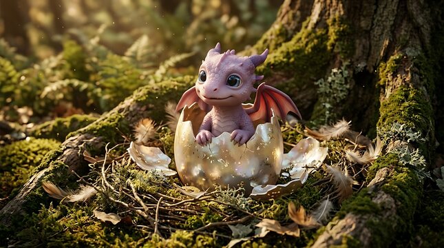 Cute baby dragon hatching from an egg in a mossy forest