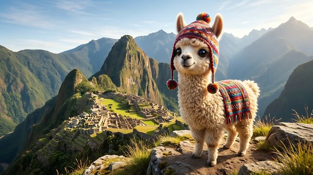 Cute fluffy llama wearing a colorful woven hat at machu picchu in peru