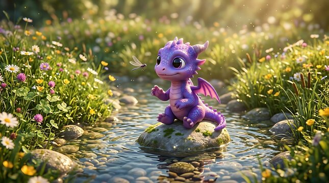 Cute baby dragon sitting on a rock in a sunny garden with flowers