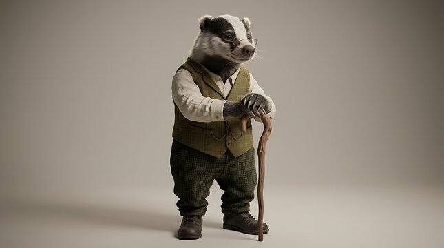 A dapper badger dressed in a vintage waistcoat standing with a wooden walking cane