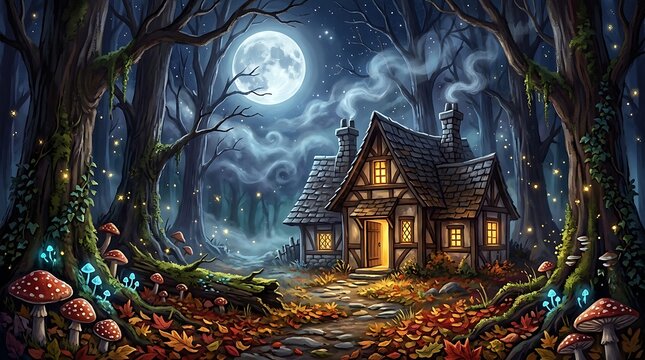 Cozy cottage in a dark forest with a full moon and glowing mushrooms at night