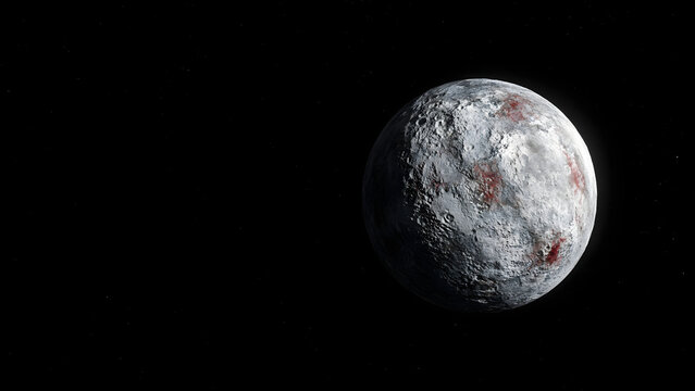 a small icy dwarf planet with a pale frosted surface and subtle reddish patches, lit by a distant faint sun from one side, deep black space background