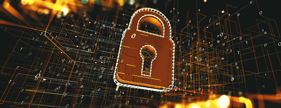  Concepto de protecci&oacute;n de datos de bloqueo de ciberseguridad de inteligencia artificial. Ilustraci&oacute;n 3D. Icono de candado digital brillante sobre fondo de datos tecnol&oacute;gicos para seguridad.