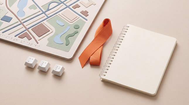 A tactile public transport map, Braille keycaps and volunteer notebook with an orange ribbon guide inclusive mobility for World Braille Day marketing.