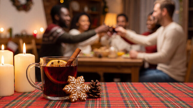 A glass of Christmas mulled wine with orange, cinnamon and gingerbread snowflake on a festive tablecloth conveys cozy winter holiday spirit for Christmas banners.