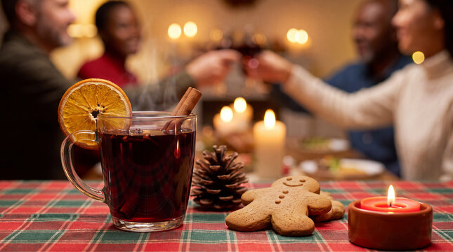A glass mug of Christmas mulled wine with orange slice, cinnamon and a glowing candle on a red-green tablecloth brings warm winter family comfort for holiday advertising.