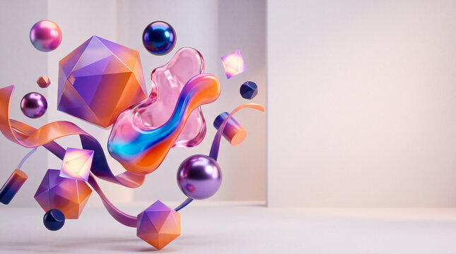 Colorful Abstract 3D Geometric Background with Glossy Floating Spheres, Liquid Shapes and Gradient Ribbons