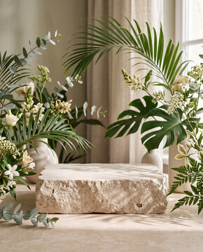 Luxury Botanical Product Display Background with Tropical Green Leaves, White Flowers and Natural Stone Pedestal