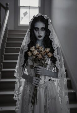Ghost bride with torn veil and dead roses in abandoned mansion
