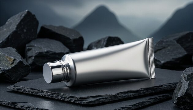 A blank matte silver cosmetic tube mockup lying on a black slate plate surrounded by dark stones with a blurry mountain background, ideal for organic skincare or premium grooming products.