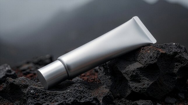 A blank matte silver cosmetic cream tube mockup placed on dark volcanic rocks with a misty mountain background, perfect for organic skincare, men care, or natural grooming product display.