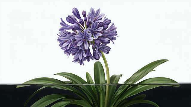 A single purple agapanthus flower with long green leaves partially submerged in water against a split white and dark blue background composition