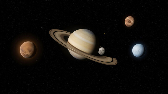 Saturn with its large rings and smaller celestial bodies orbiting in deep space, captured against a dark background, filled with distant stars