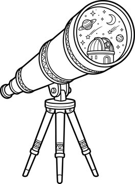 Vintage Telescope Coloring Page Featuring Space Observatory Moon and Planets in Clean Vector Line