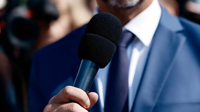 Microphones framing a suited speaker during a press interview