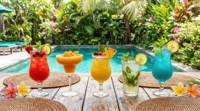 Colorful tropical cocktail assortment with exotic fruits served poolside on wooden table for summer luxury vacation travel.