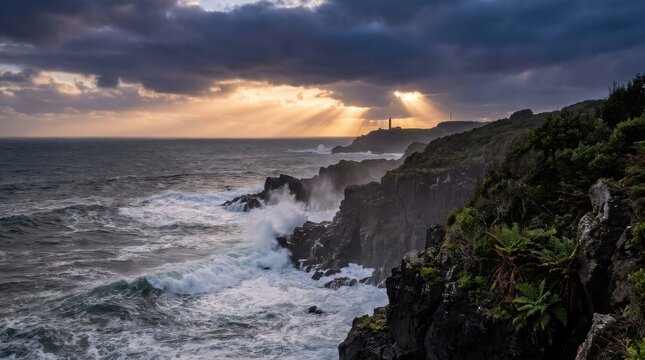 dramatic sun rays pierce through dark clouds illuminating rugged atlantic ocean coastline with lighthouse.