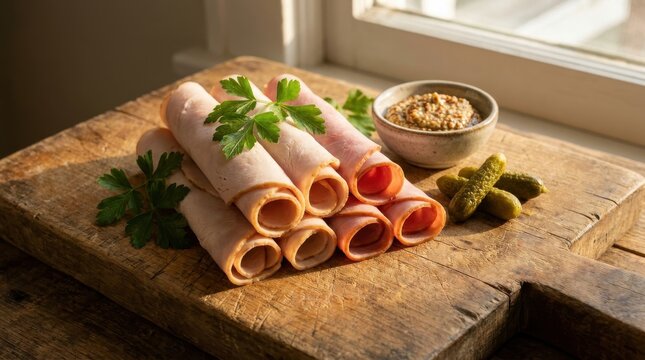 rolled slices of deli meat ham with fresh parsley on wooden board next to pickles and whole grain mustard.