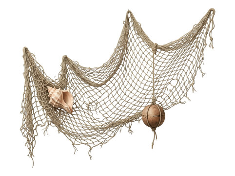 Decorative fishing net with a seashell and a wooden float isolated on transparent background