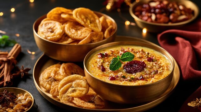 Banana chips and payasam in brass bowls, festive Onam food