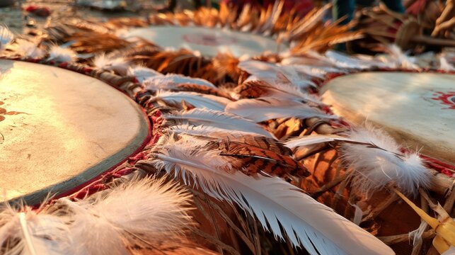 Decorated drums with white feathers, festive detail