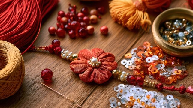Rakhi craft materials with threads, beads and sequins on a wooden table