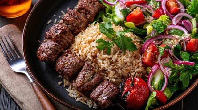 Grilled lamb kebabs with rice and fresh salad on a plate