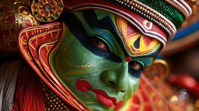 Kathakali performer face with green makeup and ornate crown