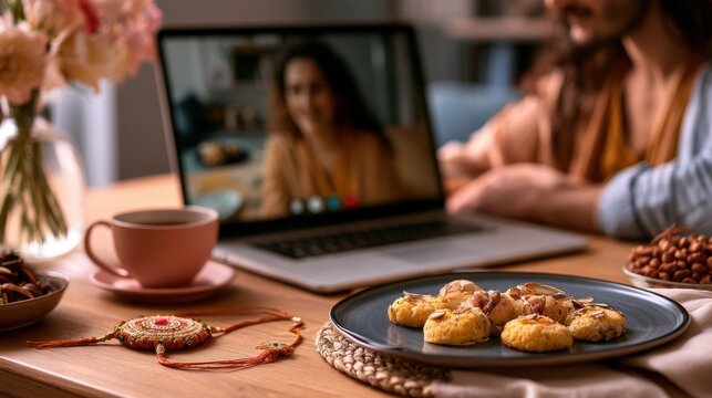 Laptop showing a video call next to a rakhi and sweets on a table