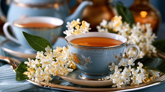 Osmanthus flowers with tea cups in elegant porcelain