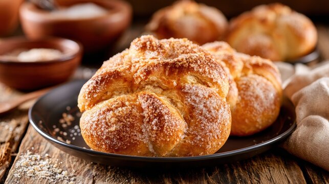 Pan de muerto sweet bread with sugar on a rustic table