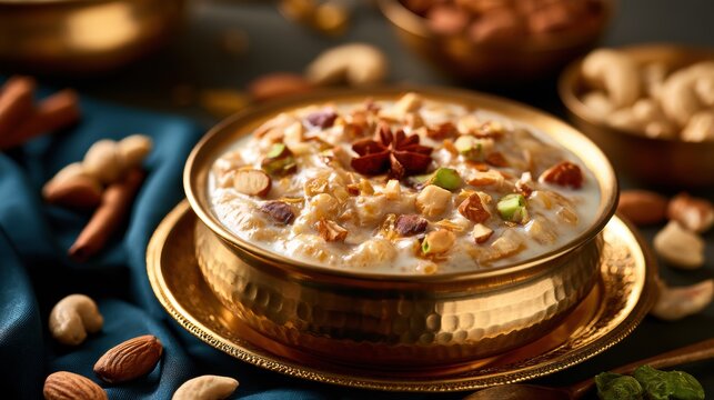 Payasam dessert topped with nuts in a brass bowl